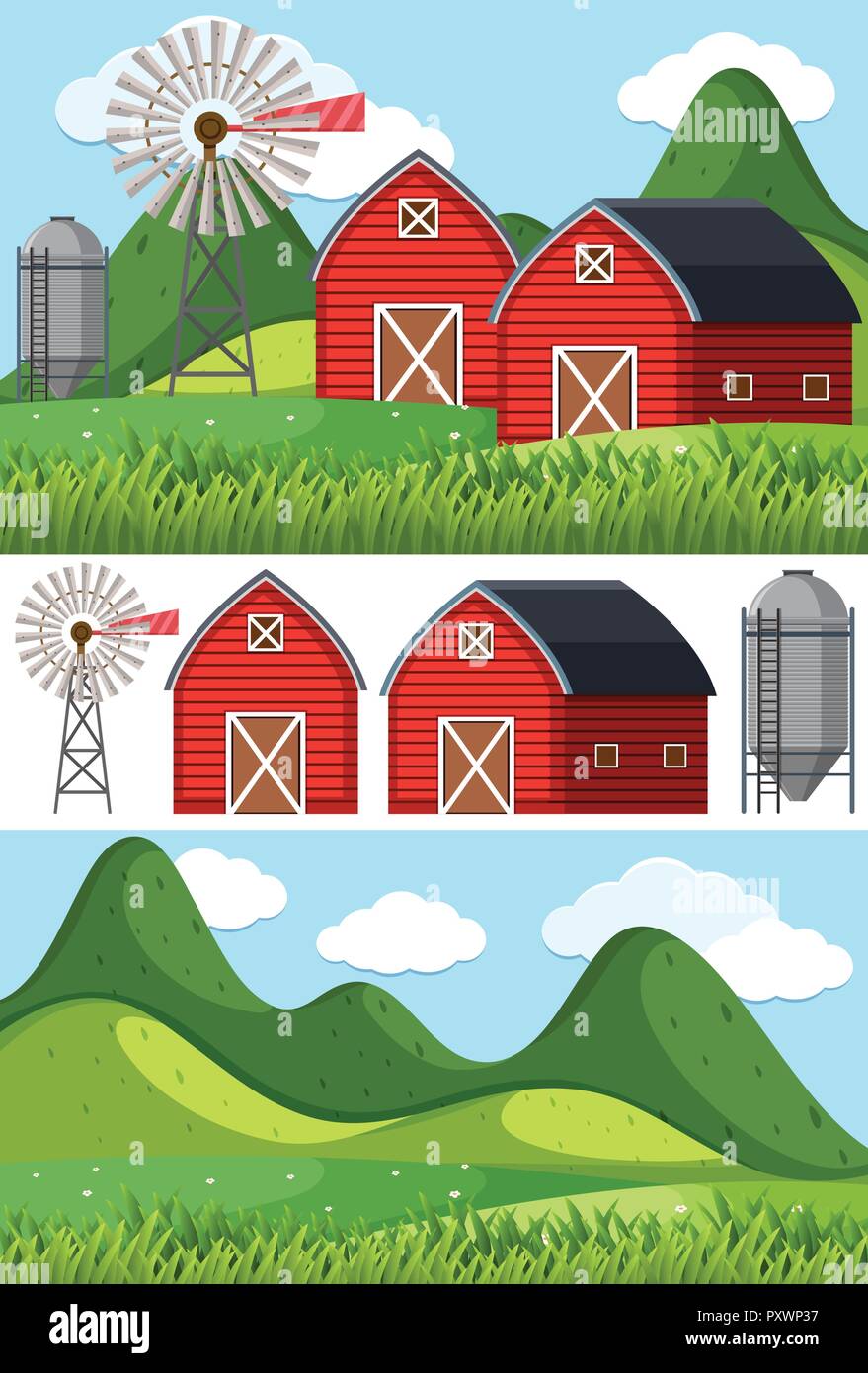 Farm scenes with red barns and windmill illustration Stock Vector Image ...
