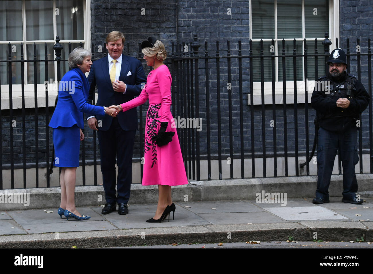 King Willem-Alexander and Queen Maxima of the Netherlands arrive at 10 Downing Street, London, ahead of their meeting with Prime Minister Theresa May, as part of their State Visit to the UK. Stock Photo