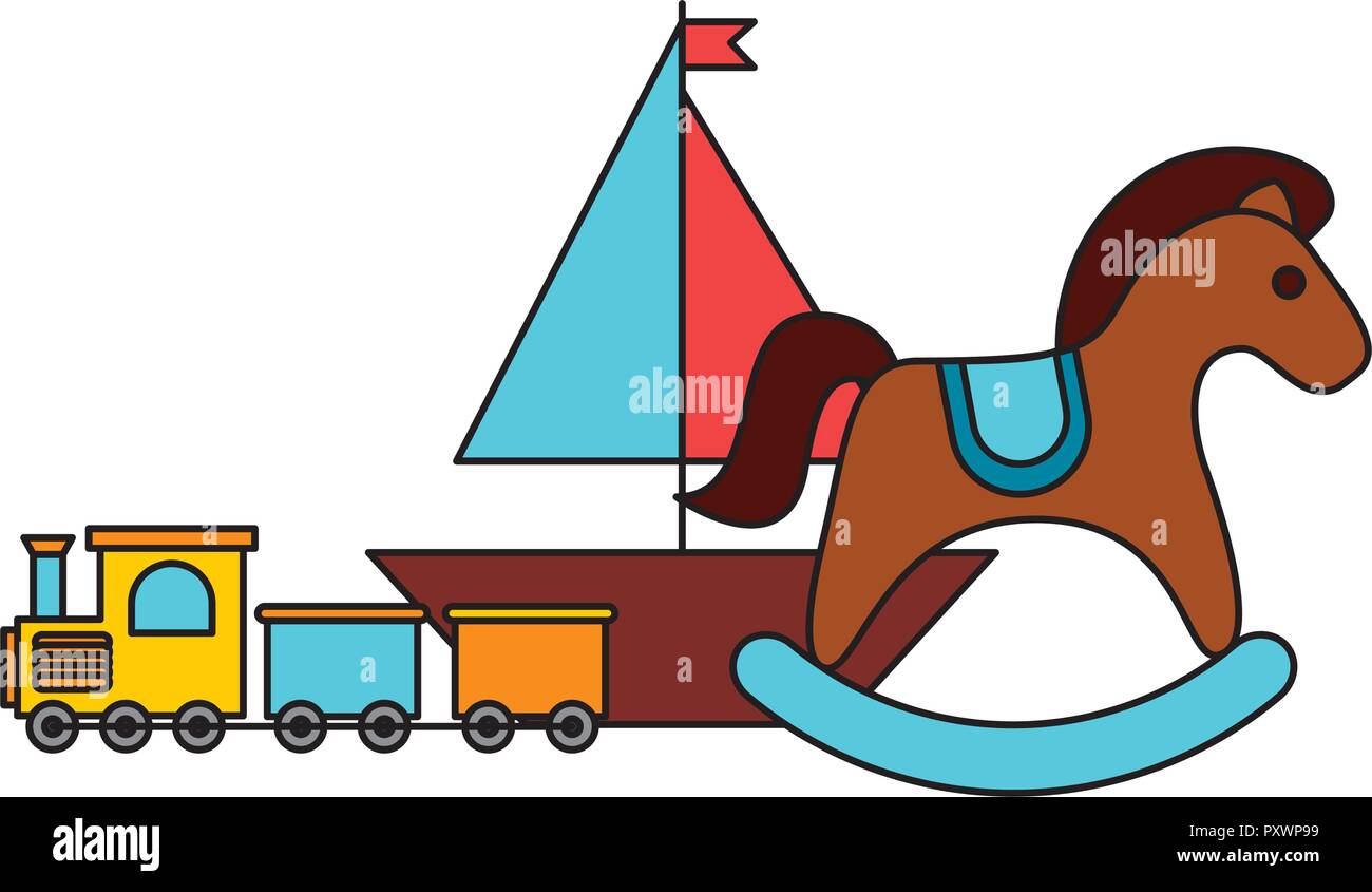 rocking horse boat train kid toys vector illustration Stock Vector