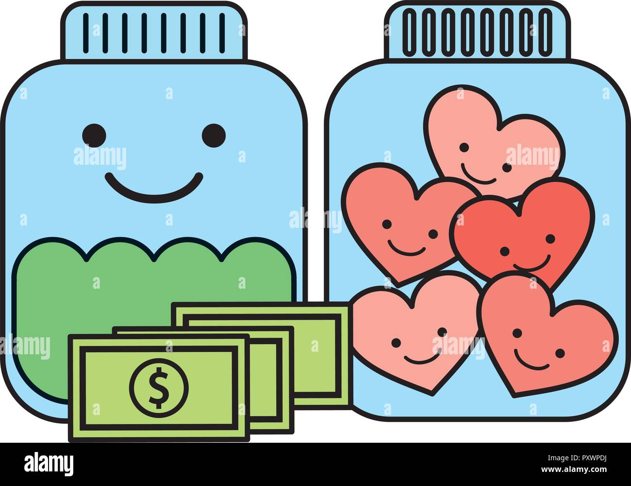 glass jars money and hearts charity and donate vector illustration