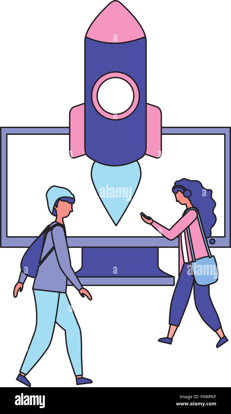 people with computer and rocket vector illustration Stock Vector Image ...