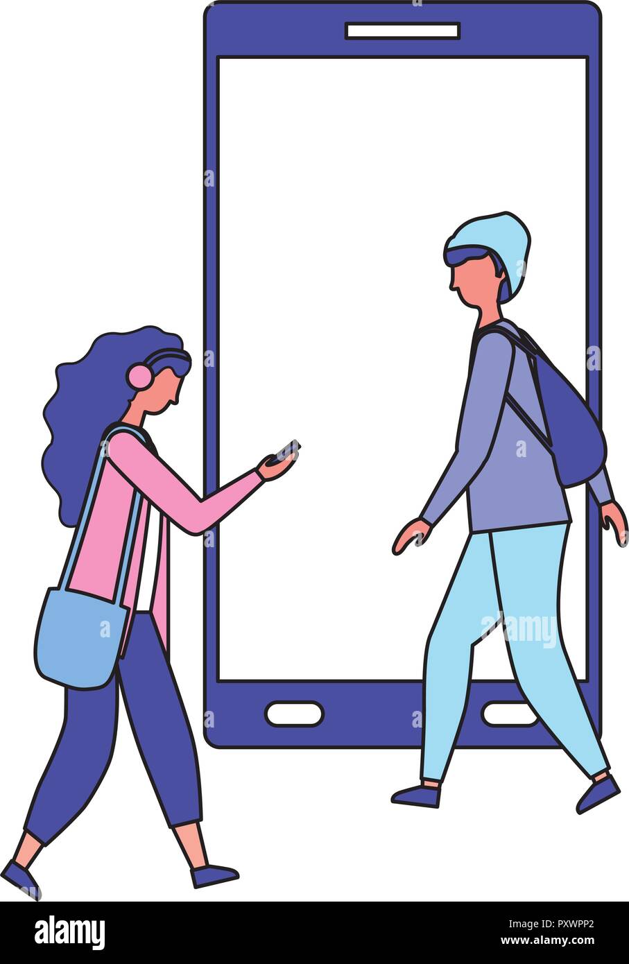 young man and woman using mobile device vector illustration Stock ...