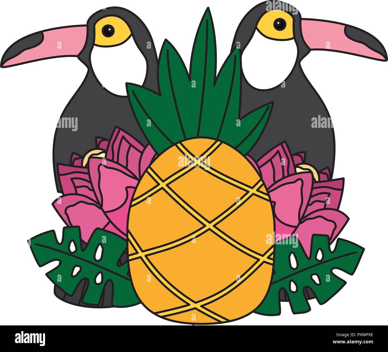 toucan birds pineapple flower tropical summer vector illustration Stock Vector