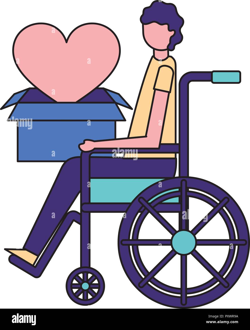 volunteers help man sitting wheelchair hold box love donate vector