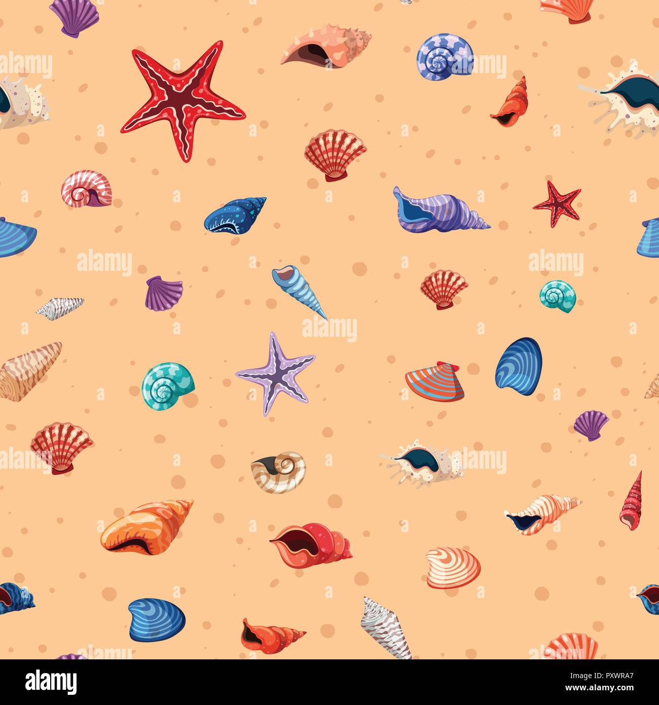 Seamless background template with seashells and starfish illustration ...