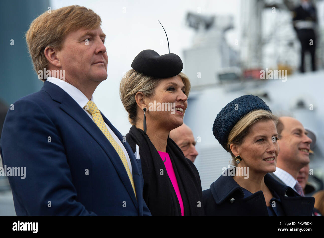 (Left to right) King Willem-Alexander and Queen Maxima of the Netherlands with the Countess of Wessex on HMS Belfast in London to watch an on-the-water capability demonstration between the Royal Netherlands Marine Corps and the Royal Marines. Stock Photo