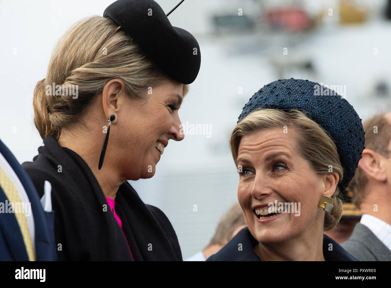 Queen Maxima of the Netherlands with the Countess of Wessex on HMS Belfast in London to watch an on-the-water capability demonstration between the Royal Netherlands Marine Corps and the Royal Marines. Stock Photo