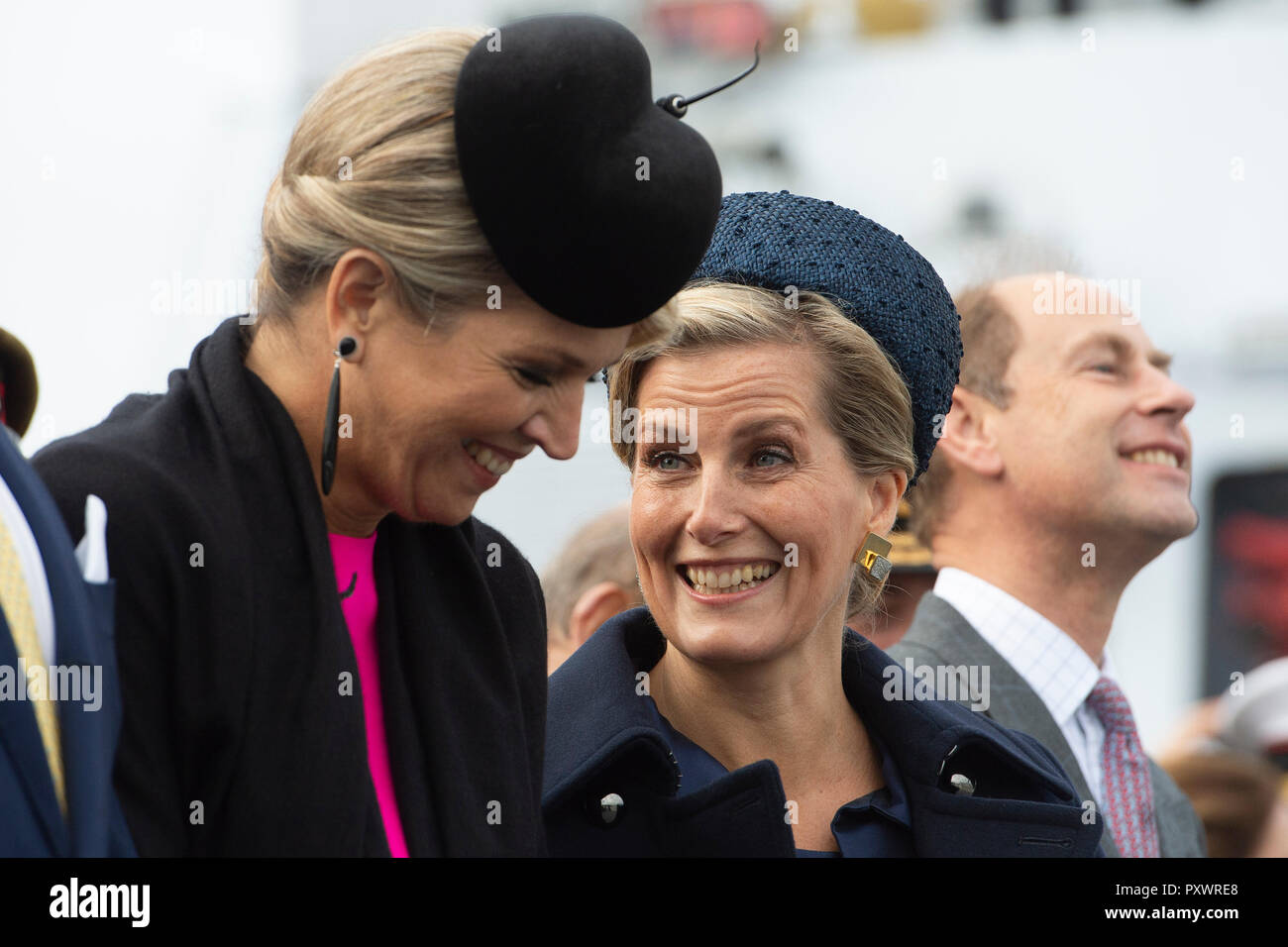 Queen Maxima of the Netherlands with the Countess of Wessex on HMS Belfast in London to watch an on-the-water capability demonstration between the Royal Netherlands Marine Corps and the Royal Marines. Stock Photo