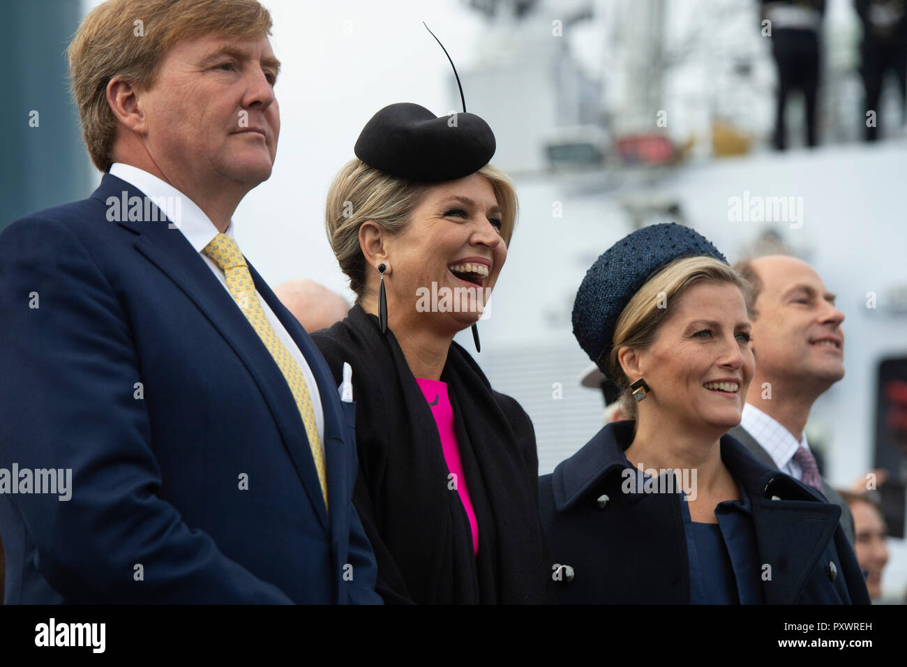 (Left to right) King Willem-Alexander and Queen Maxima of the Netherlands with the Countess and Earl of Wessex on HMS Belfast in London to watch an on-the-water capability demonstration between the Royal Netherlands Marine Corps and the Royal Marines. Stock Photo