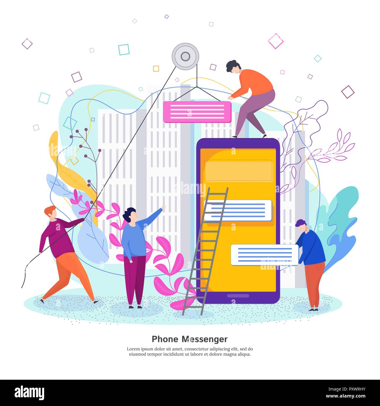 Phone messenger development concept. Process of developing a mobile chat Stock Vector
