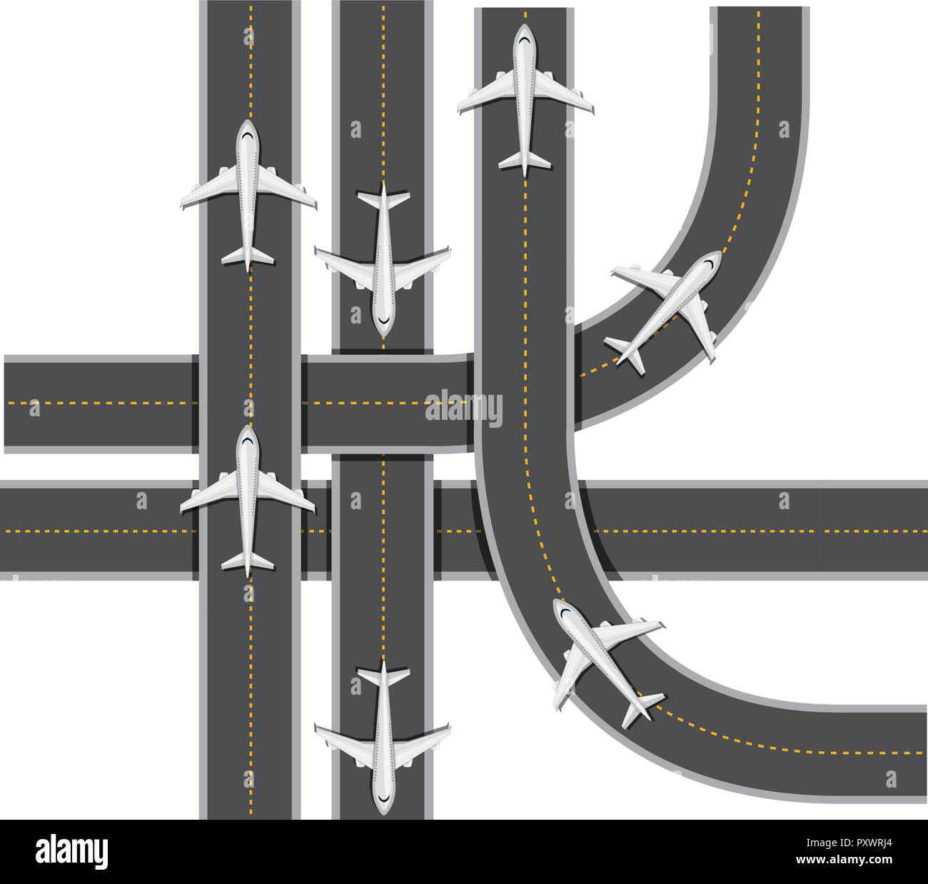 Plane Traffic on Runway on White Background illustration Stock Vector