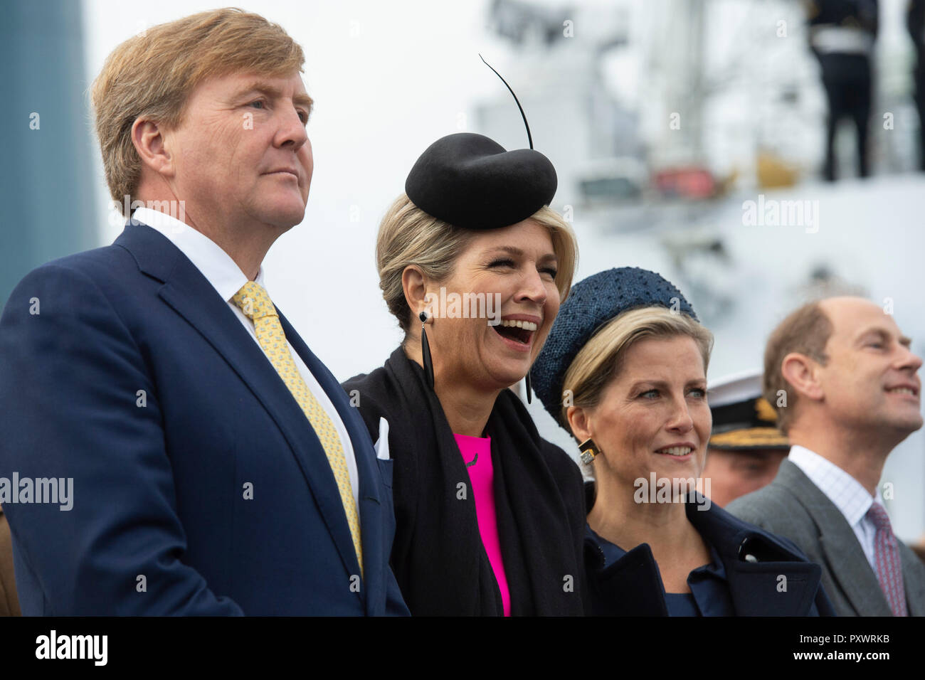 (Left to right) King Willem-Alexander and Queen Maxima of the Netherlands with the Countess and Earl of Wessex on HMS Belfast in London to watch an on-the-water capability demonstration between the Royal Netherlands Marine Corps and the Royal Marines. Stock Photo