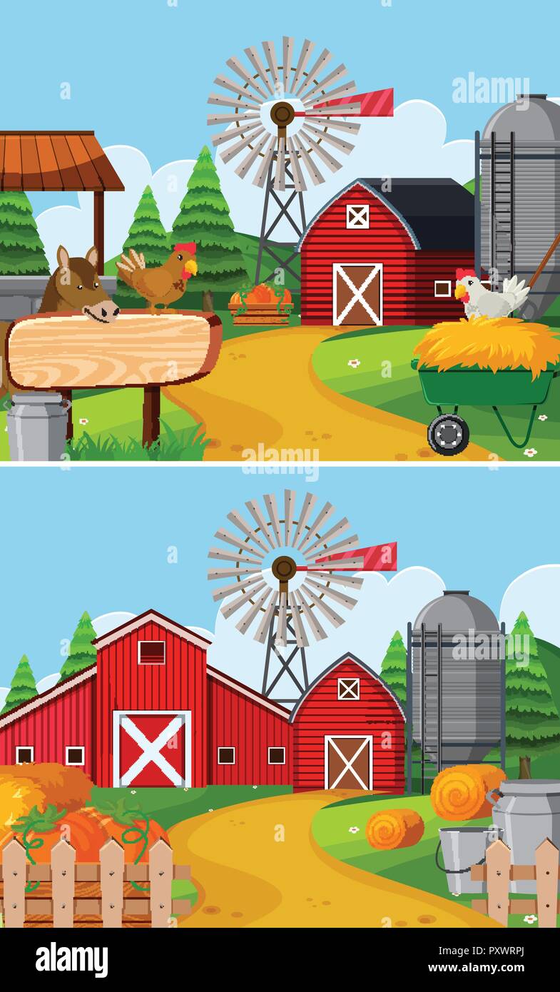 Two farm scenes with barn and animals illustration Stock Vector Image ...