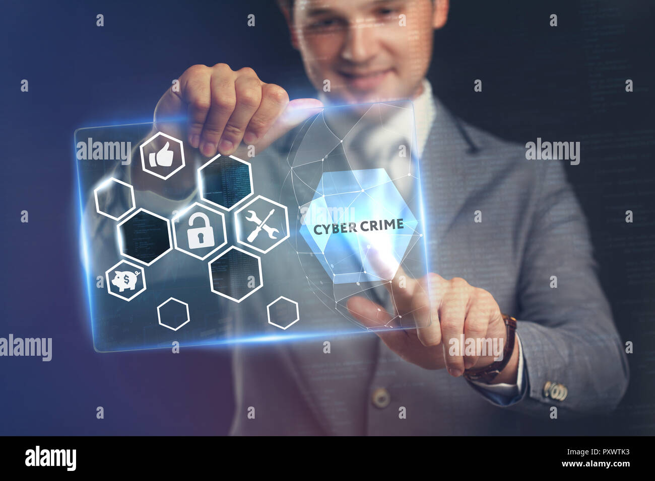 Business, Technology, Internet and network concept. Young businessman working on a virtual screen of the future and sees the inscription: Cyber crime Stock Photo