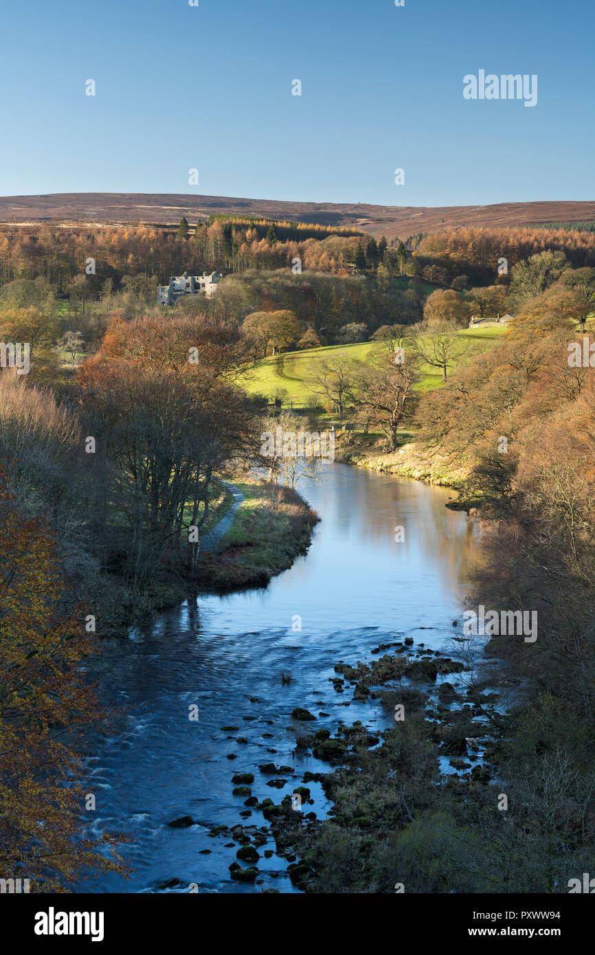 Sunny autumn high view over scenic River Wharfe, looking upstream to Barden Tower ruins & blue sky - Bolton Abbey Estate, Yorkshire Dales, England, UK Stock Photo