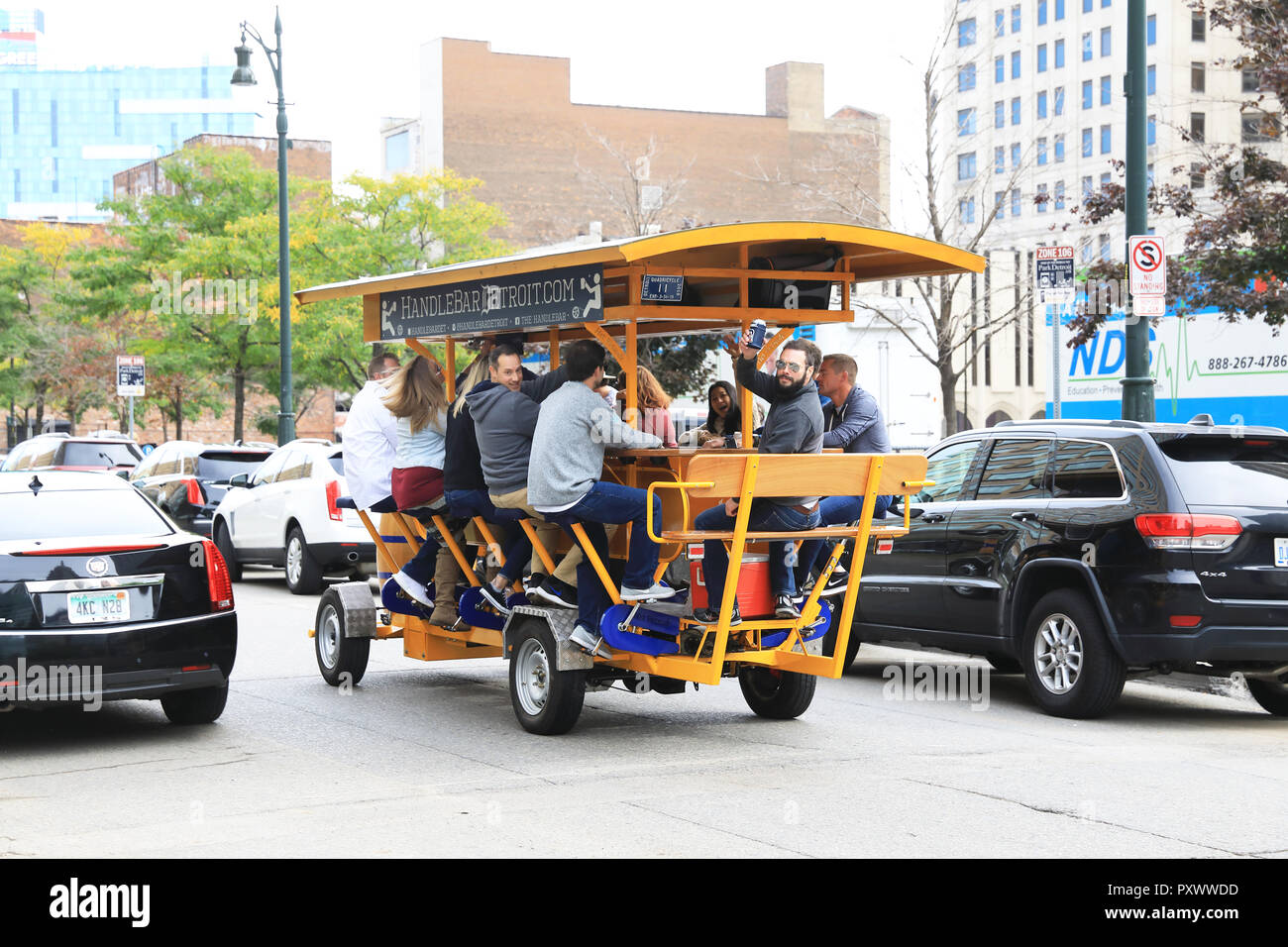 Detroit's first pedal powered bar, HandleBar Detroit, taking tours of the downtown city, in Michigan, USA Stock Photo