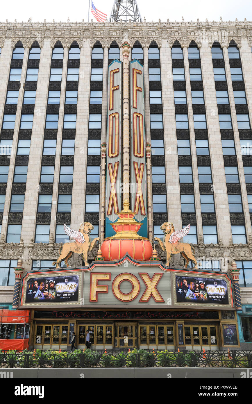 Detroit's iconic and historic Fox Theatre on Woodward Avenue, which serves as the city's premier venue for performances, in Michigan, USA Stock Photo