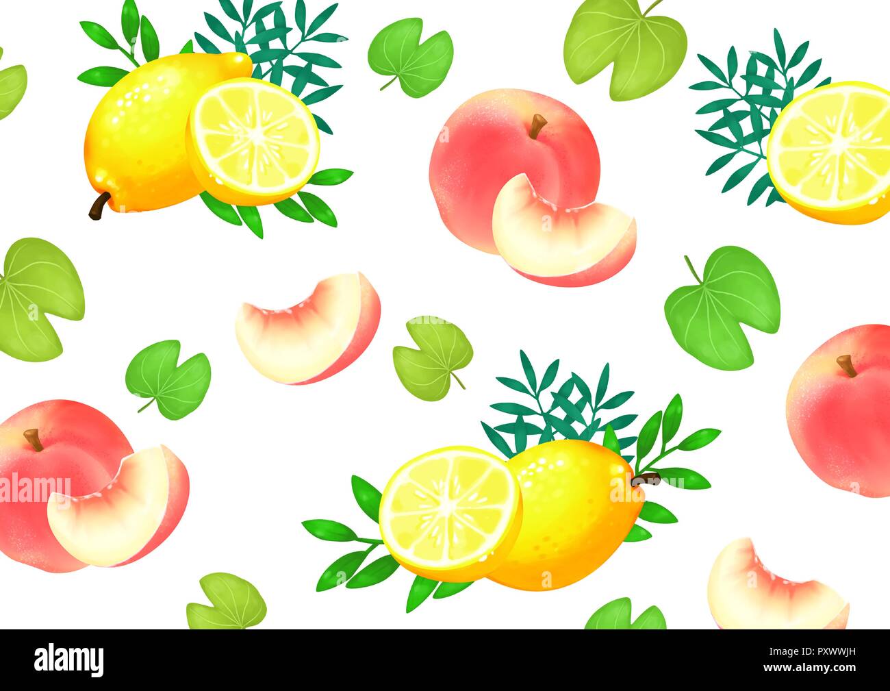Vector - Summer fruits and Tropical leaves background seamless pattern ...