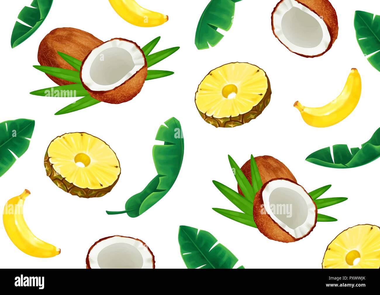 Vector - Summer fruits and Tropical leaves background seamless pattern ...