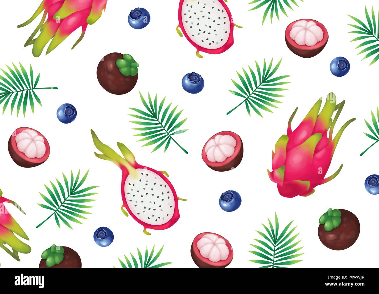 Vector - Summer fruits and Tropical leaves background seamless pattern ...