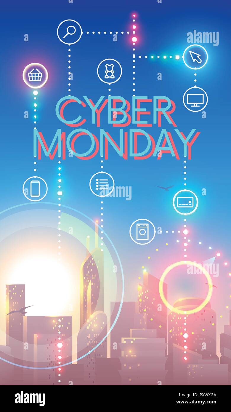 Cyber Monday Concept Banner In Futuristic Style City Landscape In