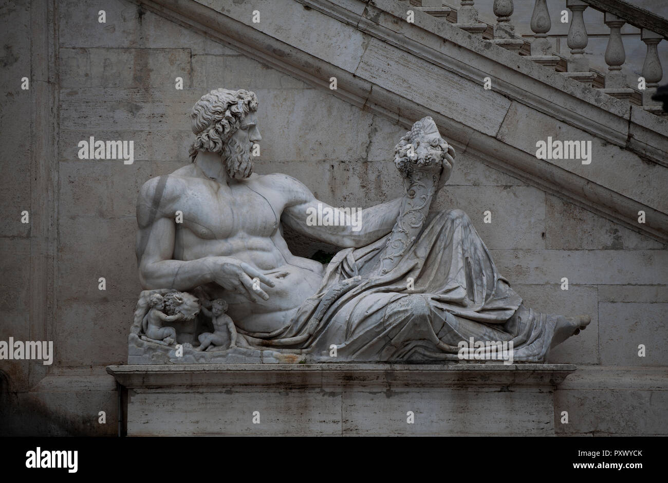 The ancient Roman statue of a old river god, representing the River Tiber found on the Capitoline Hill (Campidoglio) in Rome. Stock Photo