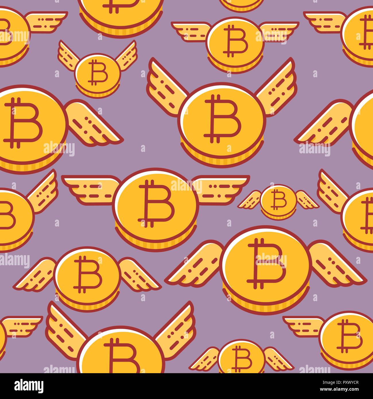 Bitcoins with wings, seamless vector pattern, flat design style Stock Vector
