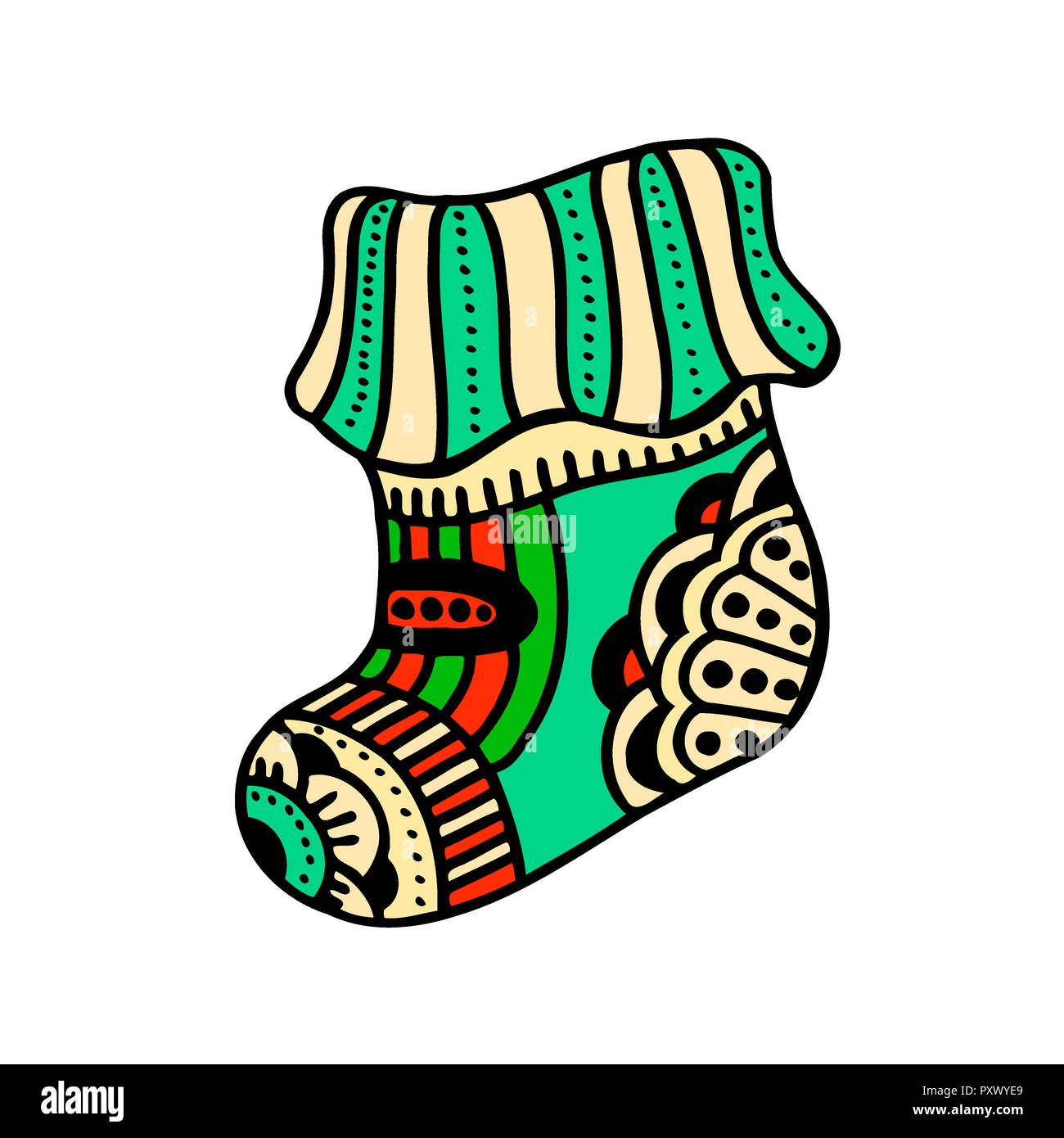 Christmas sock with beautiful multi-colored ornaments on white background Stock Photo