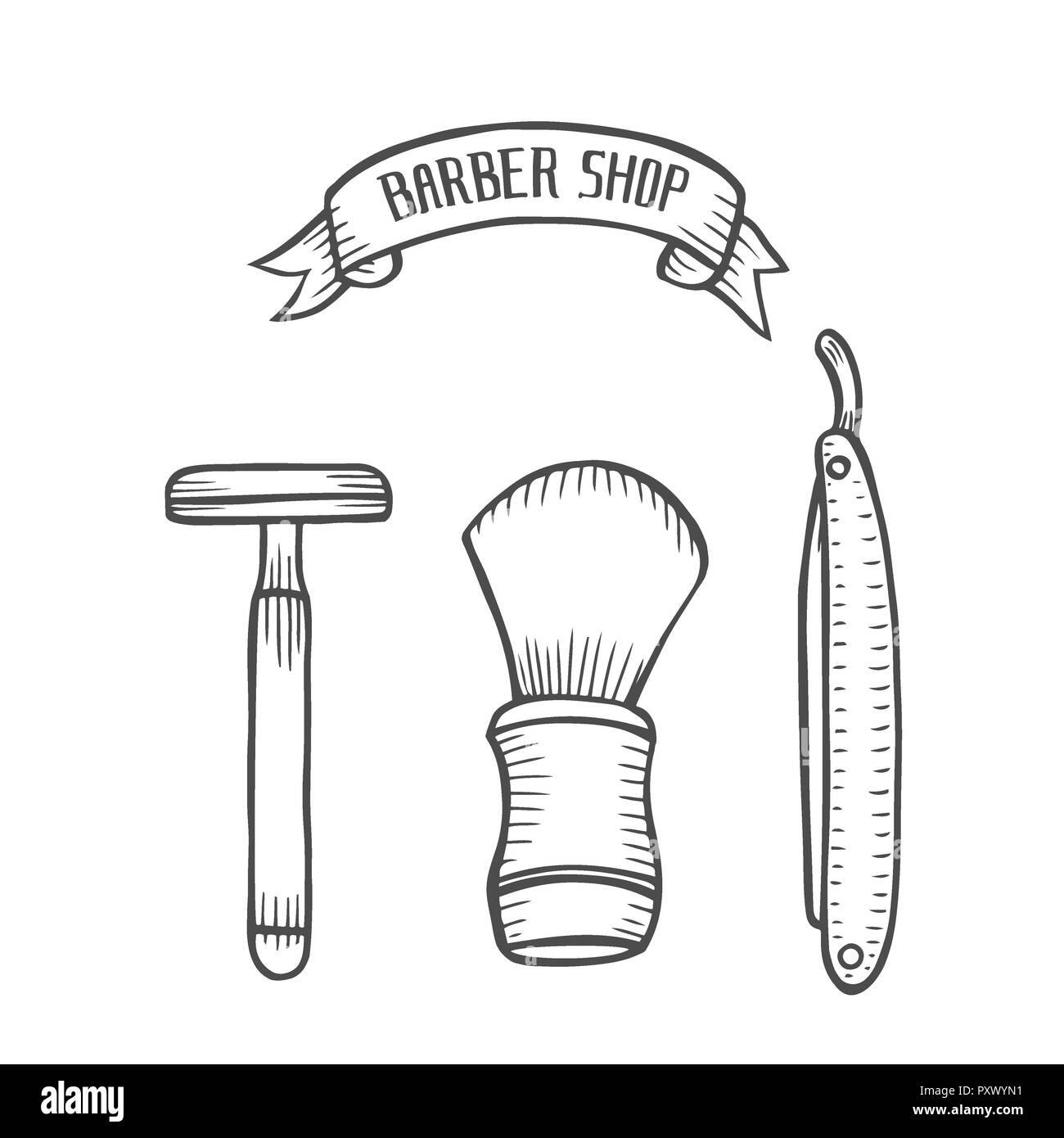 Vintage Style Shaving Accessories Set Razor and Brush Hand Draw Sketch