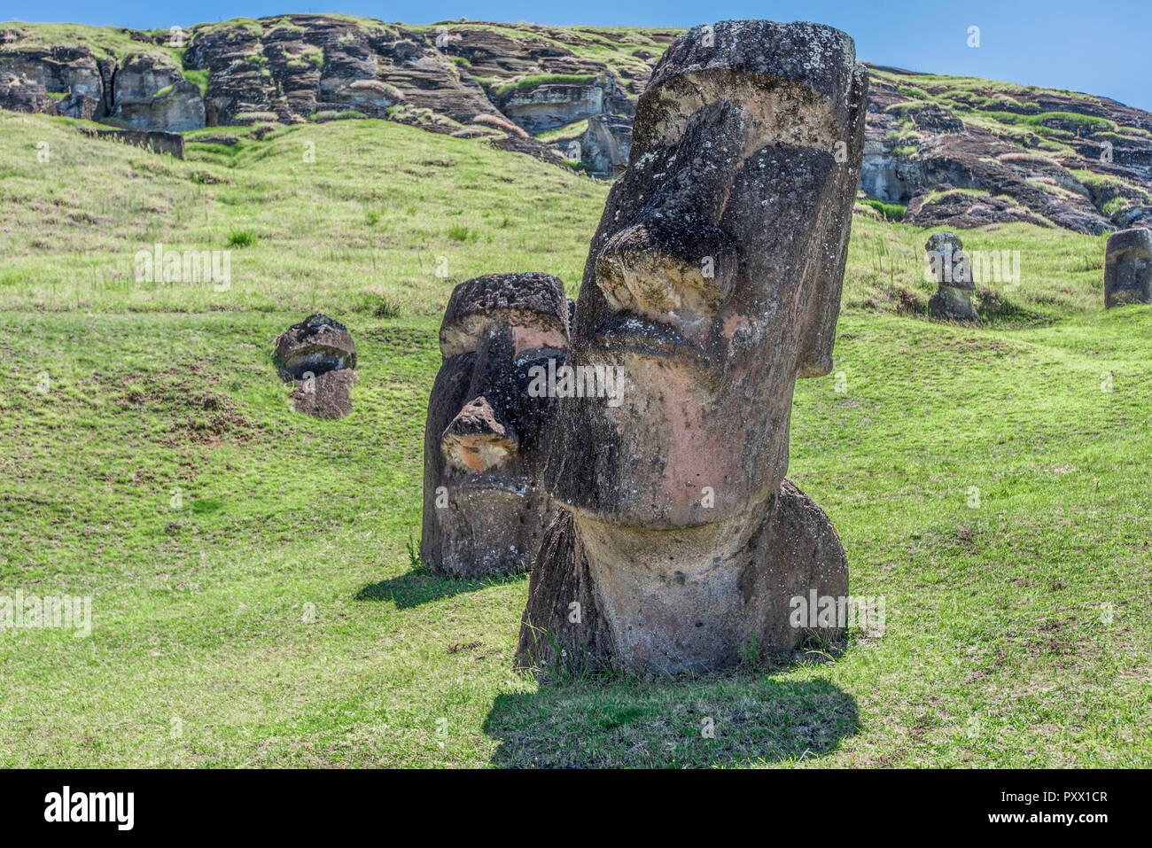 Pair of underground moai on the extinct volcano Rano Raraku Stock Photo