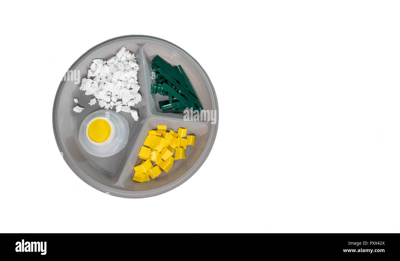 A plate of food made of plastic. Concept showing awareness of the dangers of not knowing what is contained in our food. Stock Photo