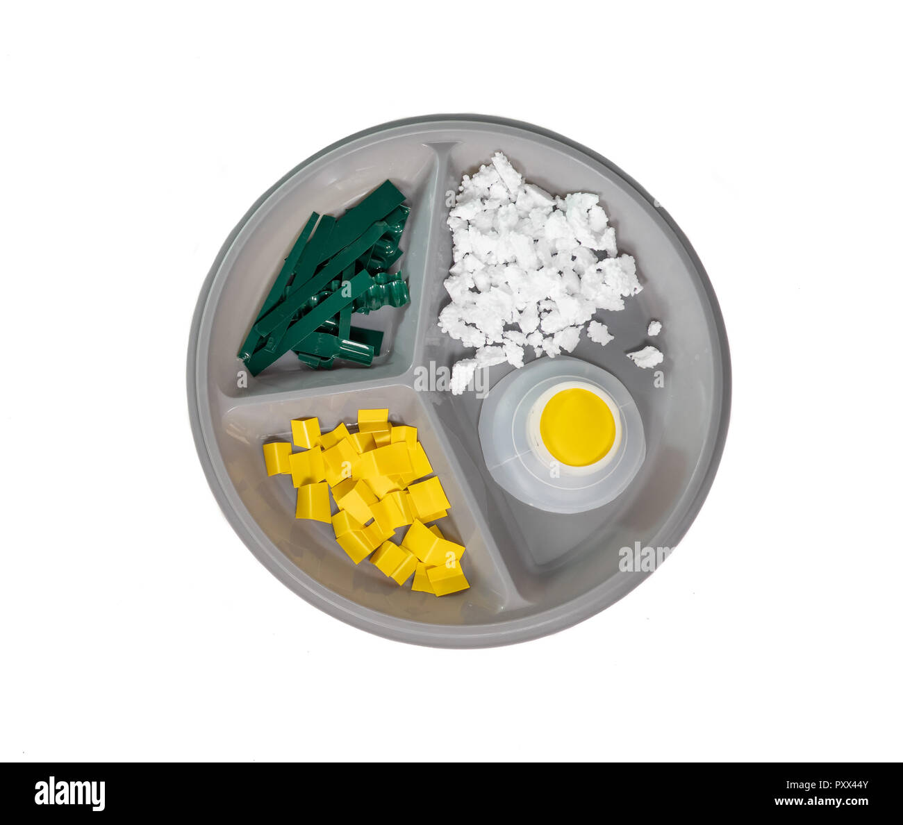 A plate of food made of plastic. Concept showing awareness of the dangers of not knowing what is contained in our food. Stock Photo