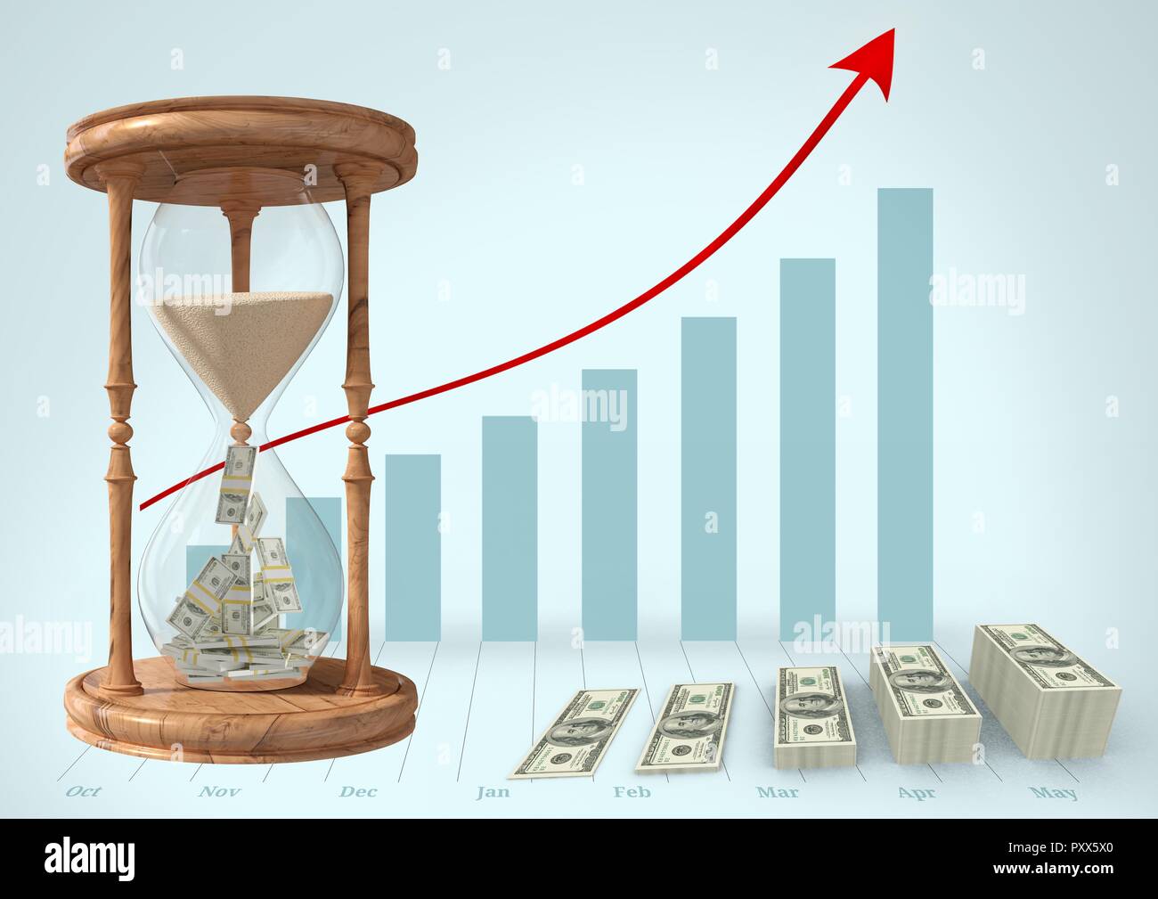 Digital composition of currency flowing through hour glass and stack of dollar bills against graph bar in background Stock Photo