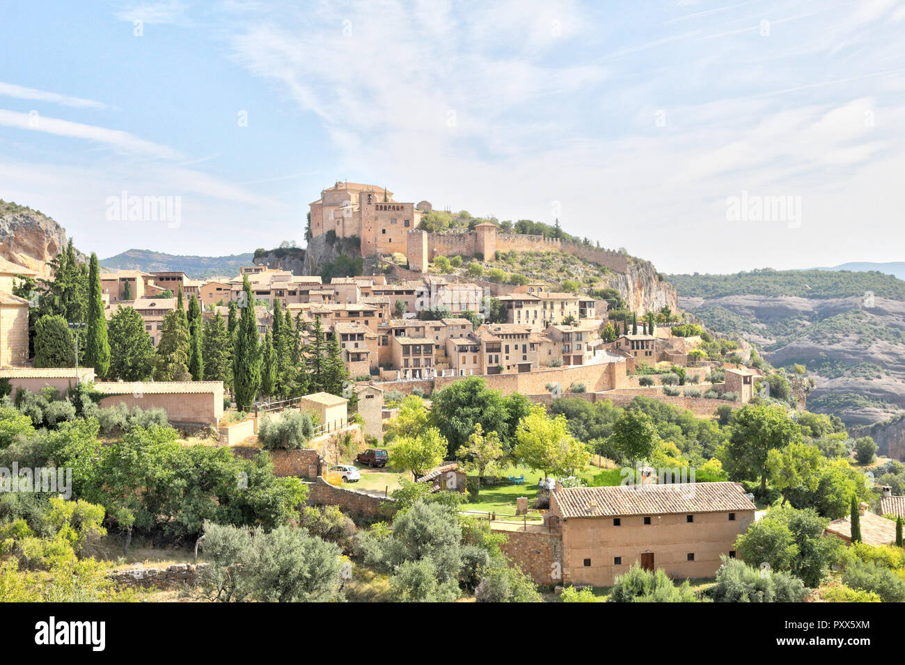 A summer  landscape of Alquezar, a small medieval rural town with a castle, a collegiate and a canyon in the Vero river, in Aragon, Spain. Stock Photo