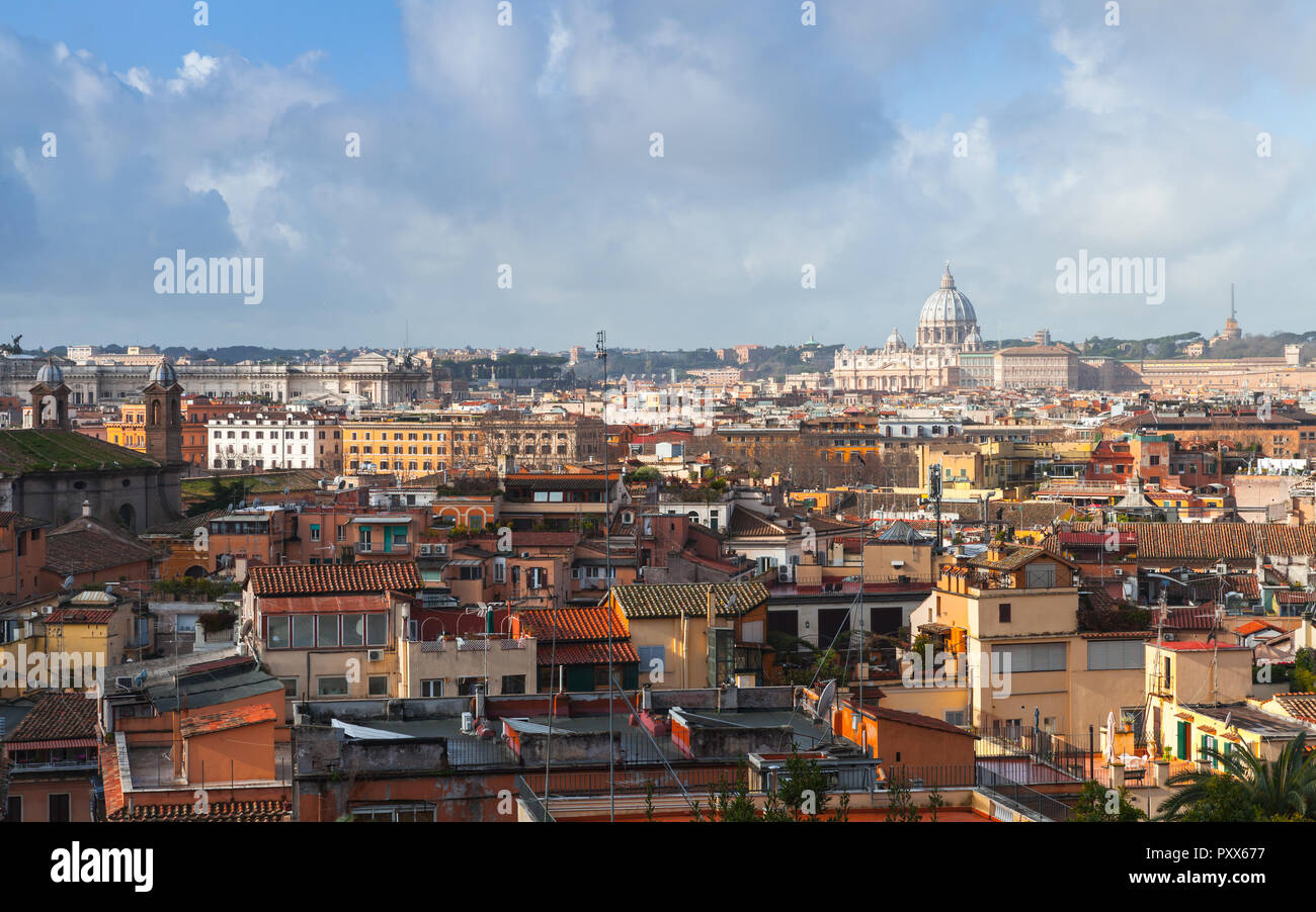 Rome, Italy. Skyline with roofs and The Papal Basilica of St. Peter in the Vatican on the horizon, photo taken from the Pincian Hill Stock Photo