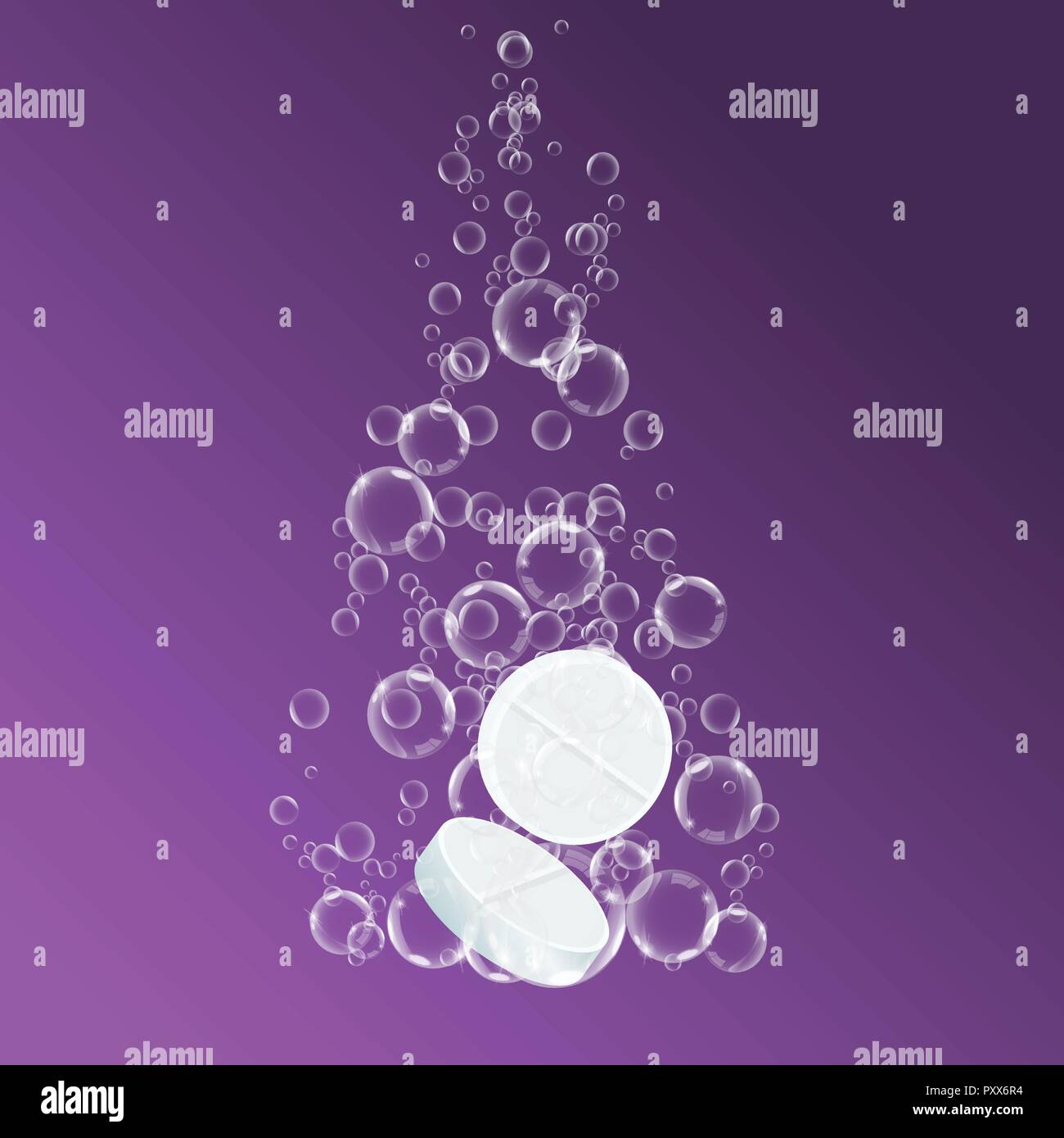 Round shaped two dissolving medicine pills. Sparkling water bubbles
