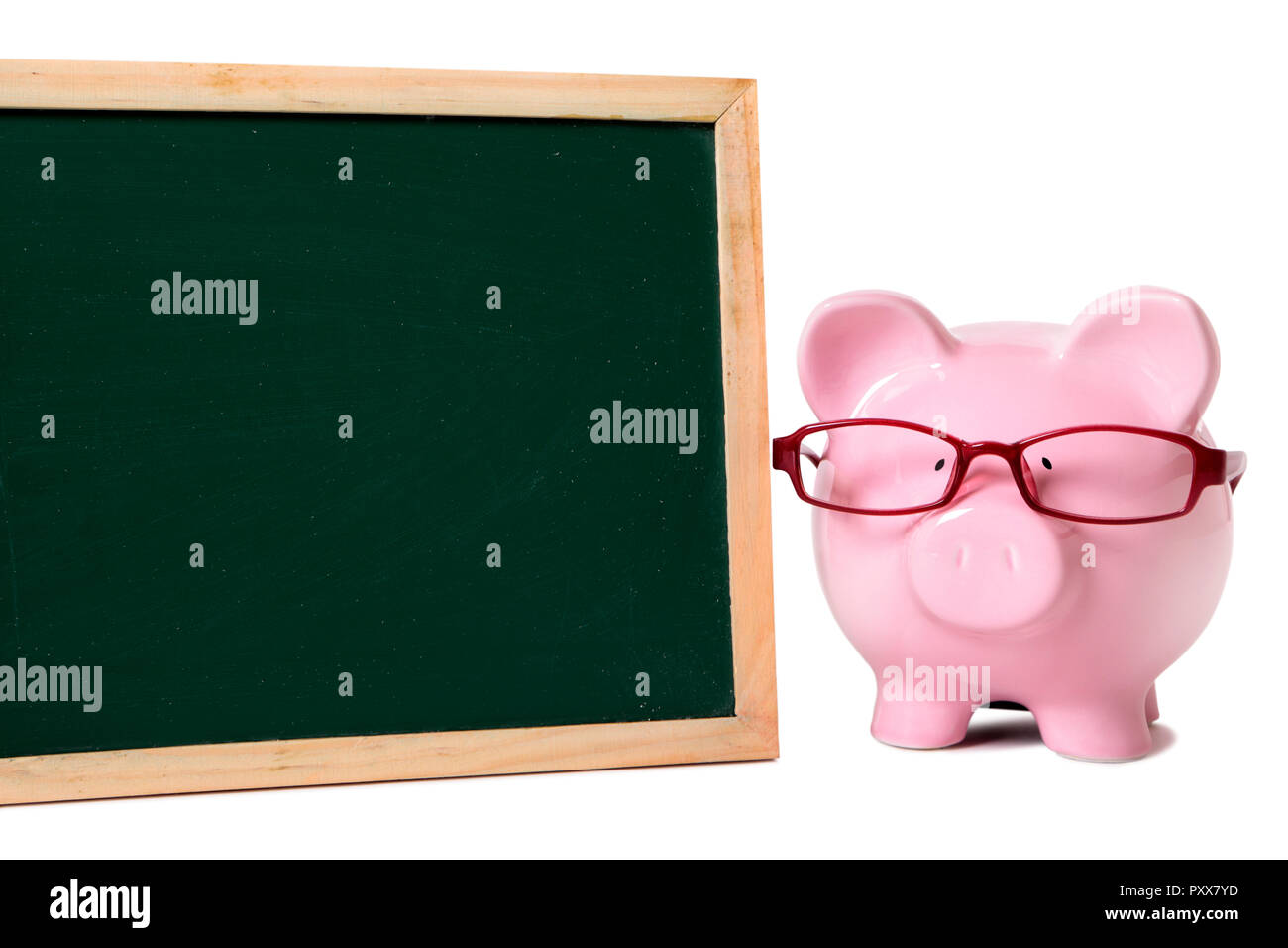 Pink piggy bank with glasses and blank blackboard. Isolated on white ...