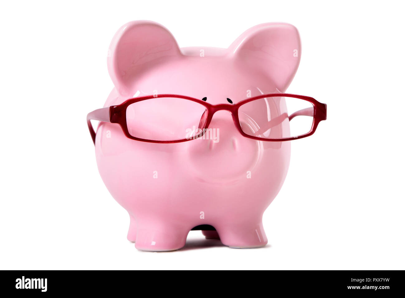 Pink piggy bank wearing glasses. Isolated on white Stock Photo - Alamy