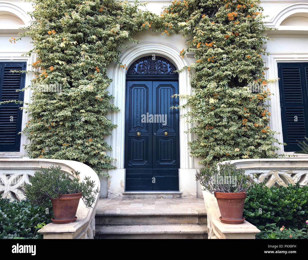 View of a Beautiful House Exterior and Front Door Seen. There are windows on either side of the door, plants on the wall. Horizontal shot Stock Photo
