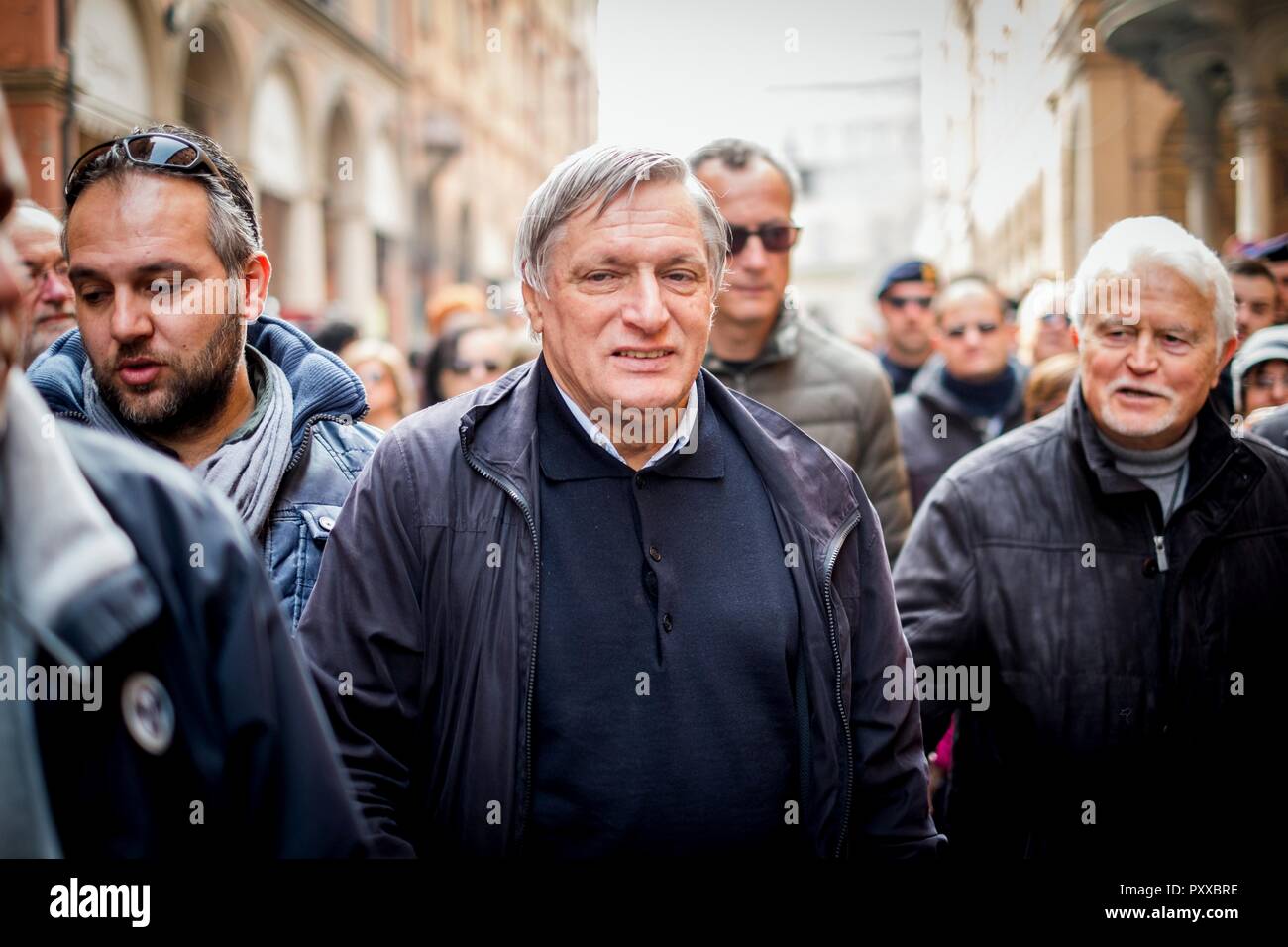 Demonstration for the 20th anniversary of Libera, association against the mafia; Don Luigi Ciotti, founder and leader of Libera and on the right the f Stock Photo