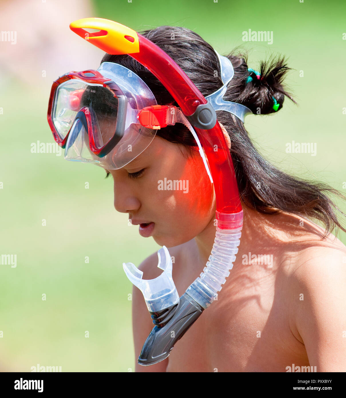 Boy with Long Hair Wearing a Diving Mask and Snorkel Stock Photo Alamy