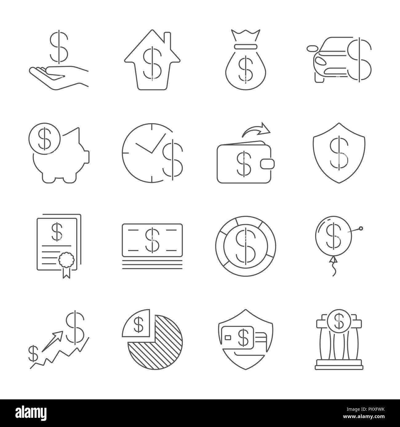 Simple Set of Money Related Vector Line Icons. Thin line vector icon set - dollar, credit card, wallet, cash, money bag, piggy bank, investment, stack, check, receipt, shield. Editable Stroke Stock Vector