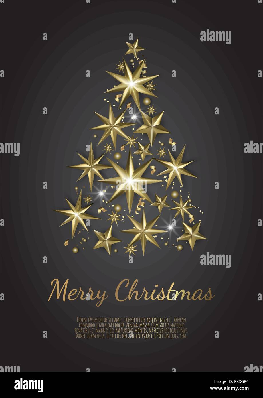 Christmas Tree made of Gold Foil Stars on black Background. Christmas Greeting Card Stock Vector