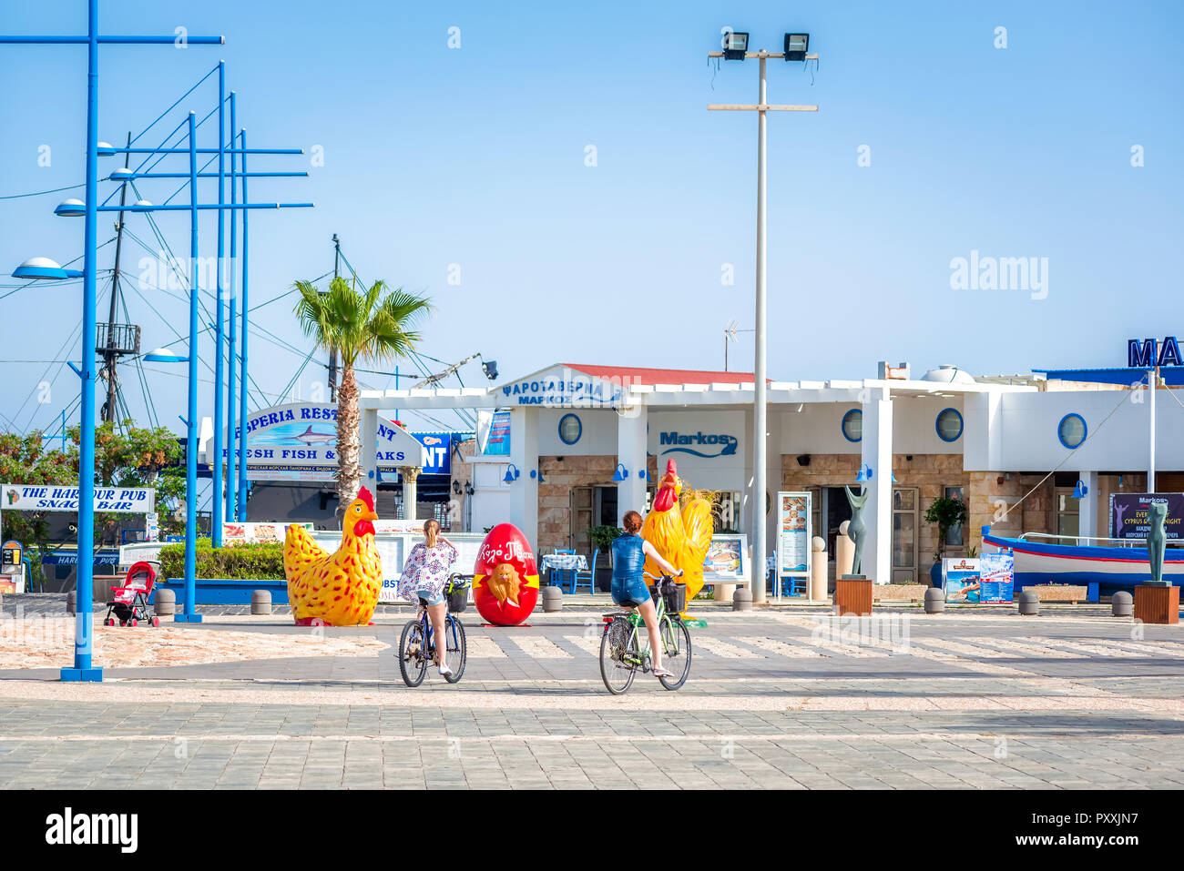 AYIA NAPA, CYPRUS - APRIL 21, 2017: A view of the main square towards sea. Stock Photo
