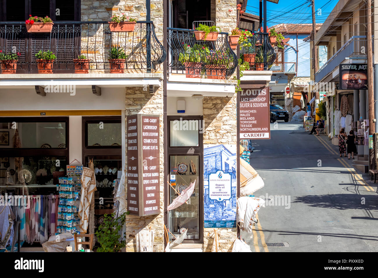PANO LEFKARA, CYPRUS - JUNE 17, 2018: Lace and Silver shop on the main village street. Stock Photo