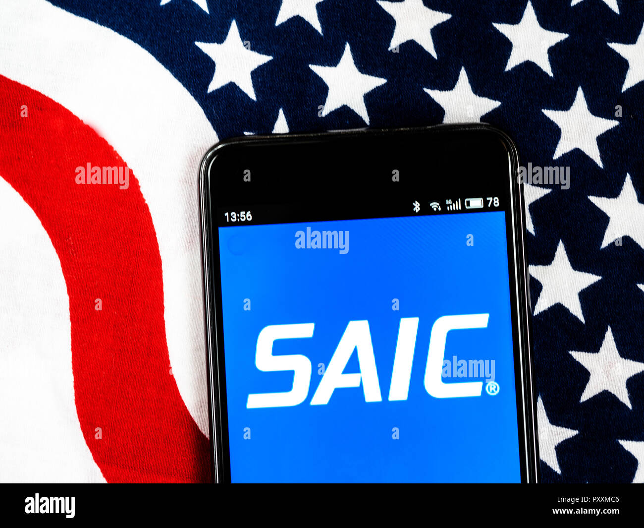 Science Applications International Corporation (SAIC)  logo seen displayed on smart phone.. Science Applications International Corporation provides government services and information technology support. Stock Photo