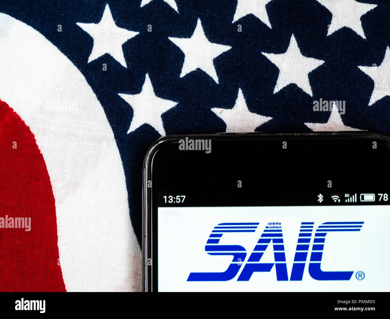 Science Applications International Corporation (SAIC)  logo seen displayed on smart phone.. Science Applications International Corporation provides government services and information technology support. Stock Photo