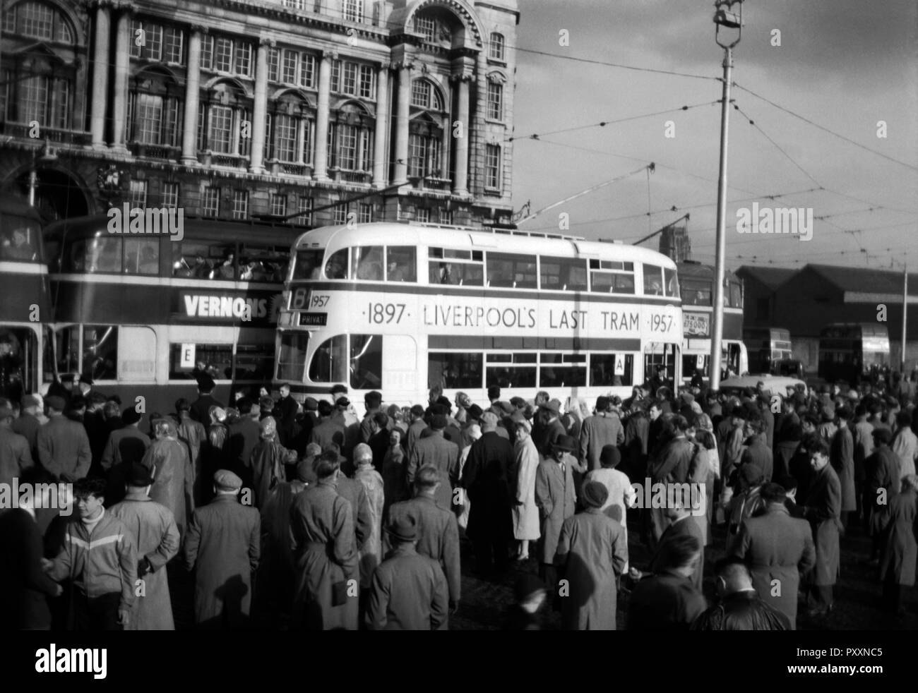 Farewell to Liverpools trams. Liverpool's last tram no 293 on its final procession through the city centre. Image taken on 14 September 1957 Shortly afterwards it was shipped off to the Seashore Trolley museum in Kennebunkport, Maine, USA. As of 2017 it has remained there at the back of a shed and in a poor condition. Stock Photo