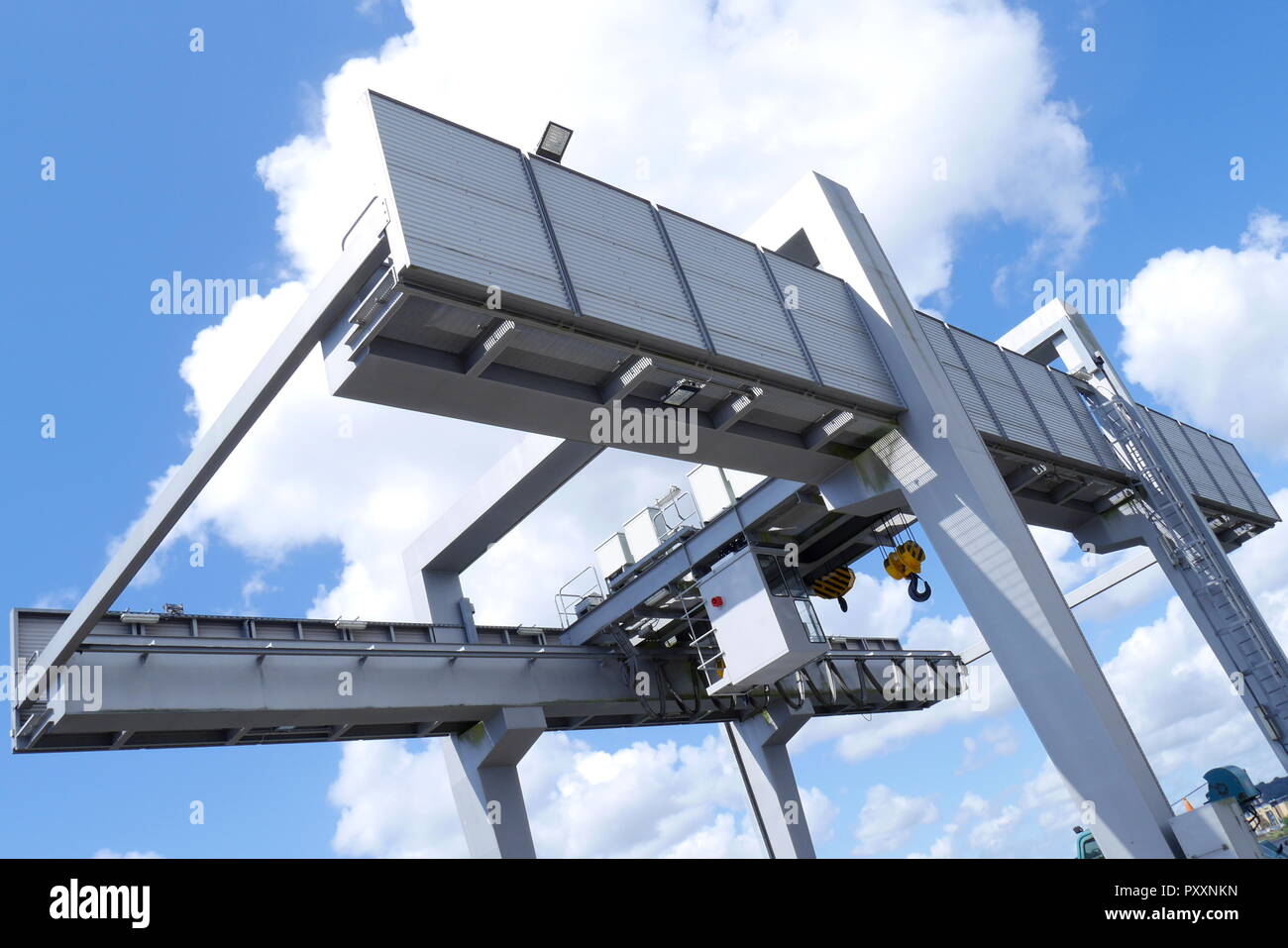 Gantry crane, bridge crane, overhead crane, on Cardiff Bay Barrage