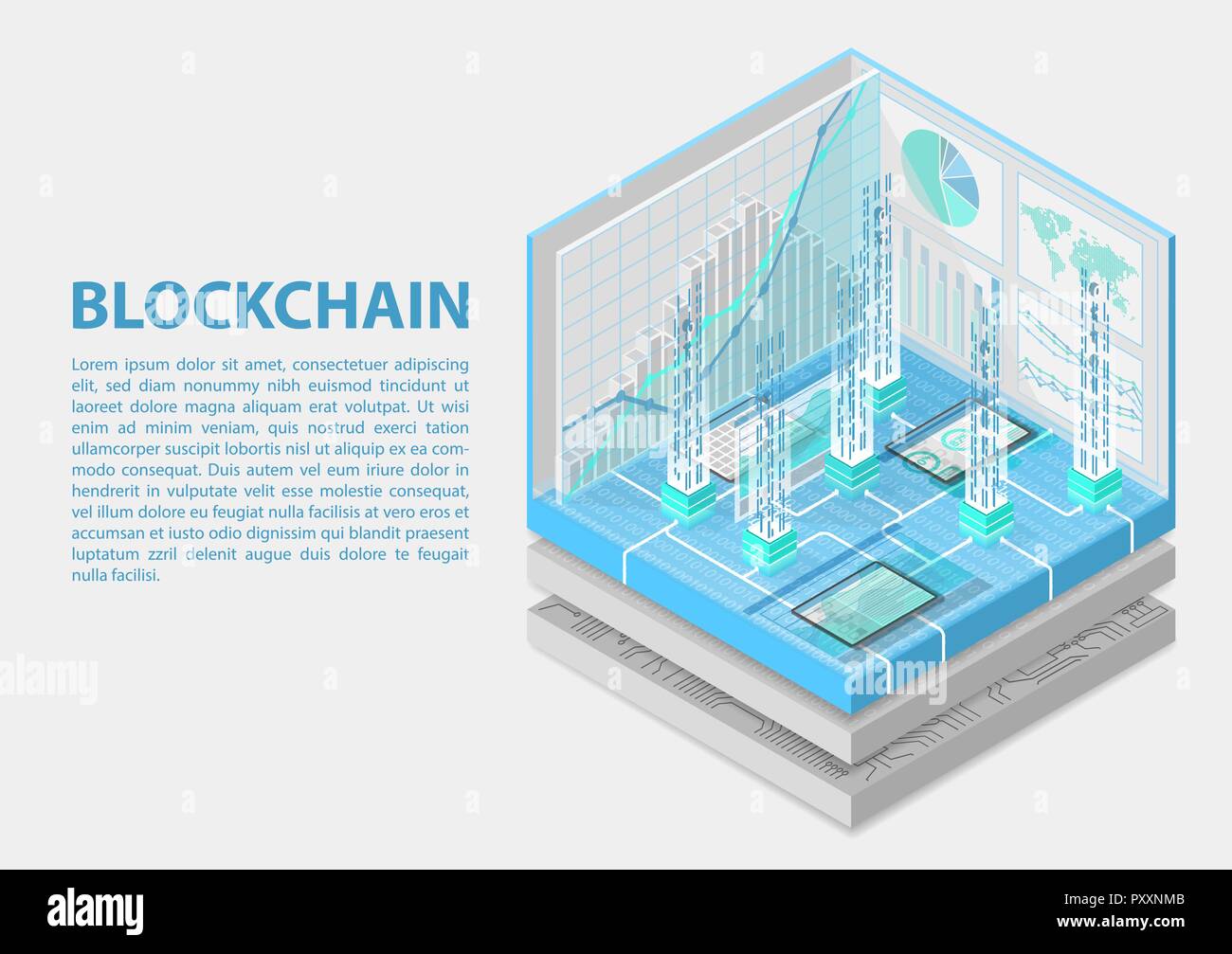 Blockchain isometric vector illustration. Abstract 3D infographic for blockchain related topics Stock Vector